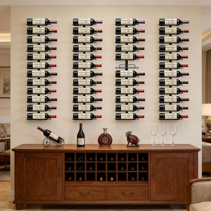 Modern Wall Mounted Wine Rack, Black Metal 24-Wine Bottle Holder for Wall Storage Display, Vertical Space Saving Design for Home Bar, Kitchen, Restaurant
