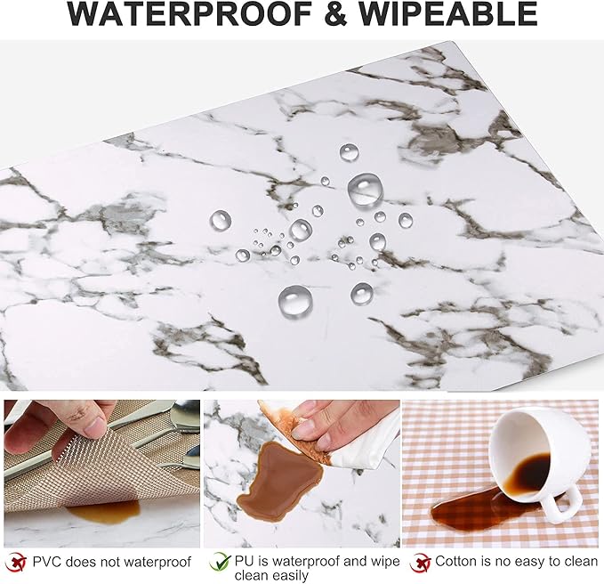 LANDVIEW Leather Heat Resistant Placemats Set of 6 Waterproof Wipeable Washable PU Table Mats,Easy to Clean Anti-Slip Place Mats (Marble, 6)