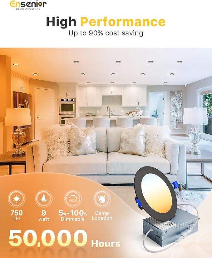 Ensenior 4 Pack 4 Inch LED Recessed Light, Dimmable, 2700K-5000K 5CCT, 750LM High Brightness, 9W 120V, Damp Rated, Ultra-Thin Canless Wafer Light, Black - ETL & FCC & IC
