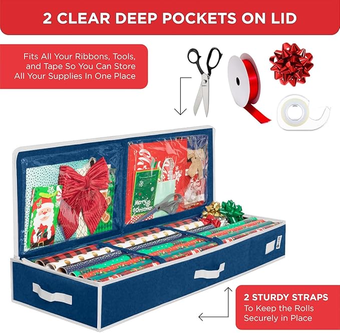 HOLDN??STORAGE Premium Wrapping Paper Storage Container - Durable 600D Tear-Proof, Fits 27 Rolls Gift Wrap, Extra Pockets for Ribbons & Bows, Underbed Storage - Ideal for Holiday Christmas, Blue
