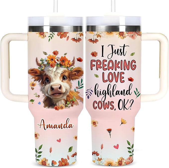 AGGLOMEKC Personalized Cute Cow Cup - Mother's Day Birthday Gift For Animal Lovers - Just A Girl Who Loves Highland Cow Tumbler 40oz With Custom Name - Pet Lover Gifts For Women, Her
