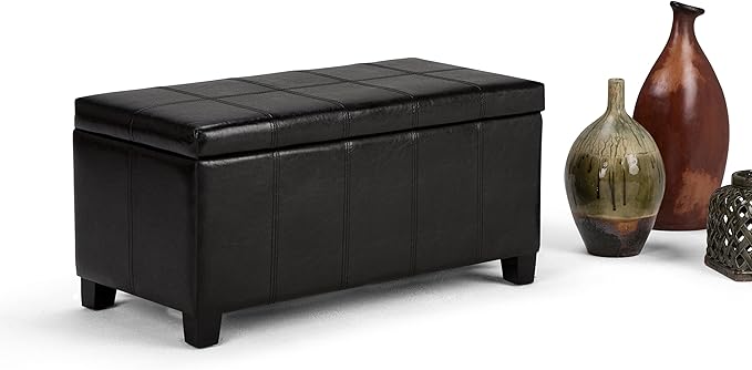 SIMPLIHOME Dover Storage Ottoman Bench - 36 inch Wide Upholstered Vegan Leather Rectangular Lift-Top Ottoman in Midnight Black, Contemporary Bench for Living Room with Safety Hinges