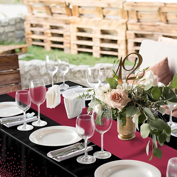MASHAN 6Pcs Black Maroon Tablecloths, Rectangular Plastic Table Covers, 54x108 Inch, Polka Dot, Stain Resistant, Party Decorations