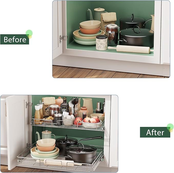 LOVMOR 2 Tier Individual Pull Out Cabinet Organizer 30" W x 21쩍" D, Slide Out Kitchen Cabinet Storage Sliding Shelves