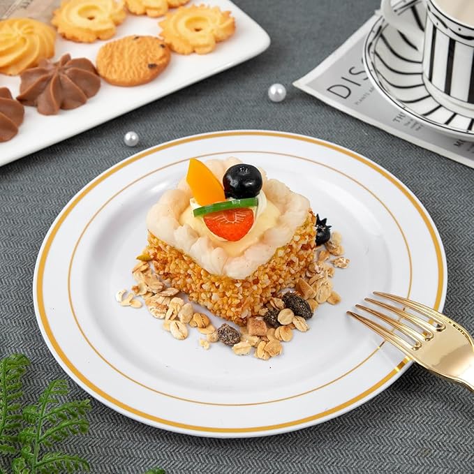 WELLIFE 144Pcs Gold Dessert Plates, 7.5 Inch Plastic Appetizer plates, Heavy Duty plastic Party Plates, White and Gold Plastic plate for Party and Wedding