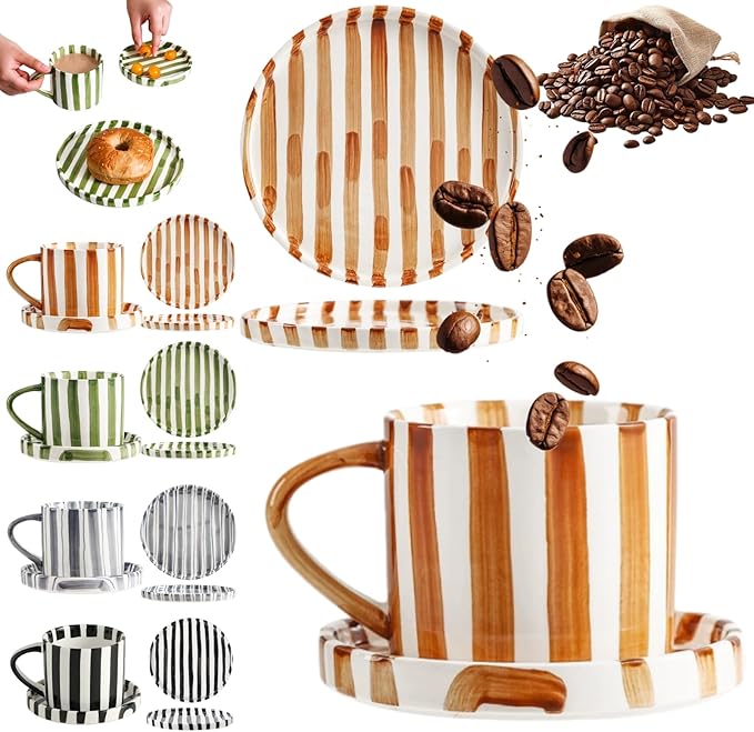 Retro Striped Hand-Painted Ceramic Mark Hand-Held Cup, Retro Striped Ceramic Coffee Mug, 9 oz Hand-Painted Stripeds Ceramics Coffee Mug with Cups, Saucers and Plates (Orange-P)