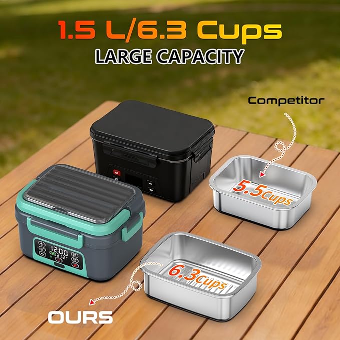Cordless Electric Heated Lunch Box, XL 6.3Cups 20000mAh Rechargeable Food Warmer Lunch Box with Self Heating, Smart Timer, Adjustable Temperature, Leakproof, BPA Free, Removable Tray Divider