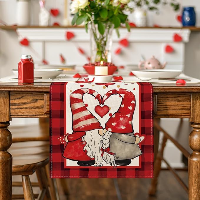 Artoid Mode Red Watercolor Hearts Gnomes Love Valentine's Table Runner, Seasonal Anniversary Wedding HoliKitchen Dining Table Decoration for Indoor Outdoor Home Decor 13 x 90 Inch