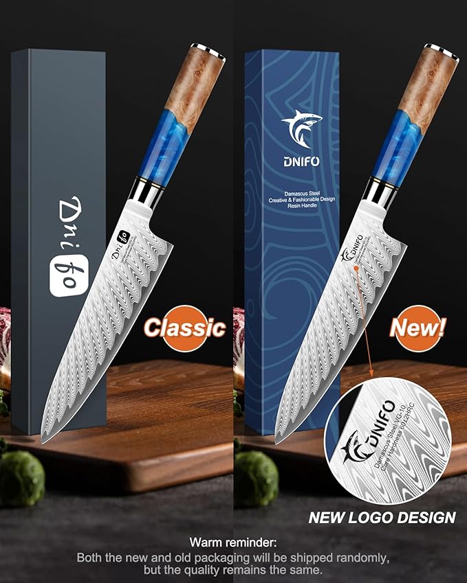 Damascus Chef Knife 8 Inch, Japanese Handcrafted Sharp Kitchen Knife with 67-Layer Damascus Steel & VG10 Core, Blue Resin & Natural Birch Wood Handle, Unique Ideal Christmas Gift for Family & Friends