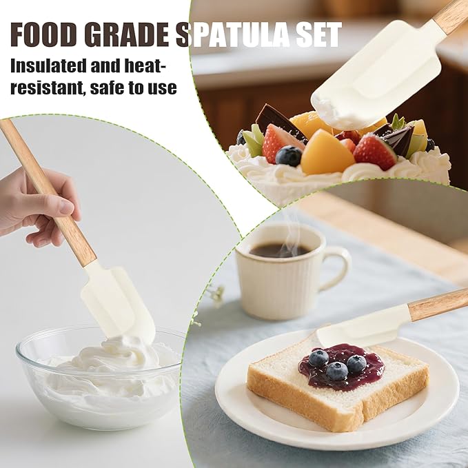 Non-Stick Rubber Spatula Set 5 Pieces - Food Grade Silicone Spatulas, Spoon Scraper, Jar Scraper, Flat Scraper for Baking Cooking Mixing Frosting - 600째F Heat Resistant (Cream White)