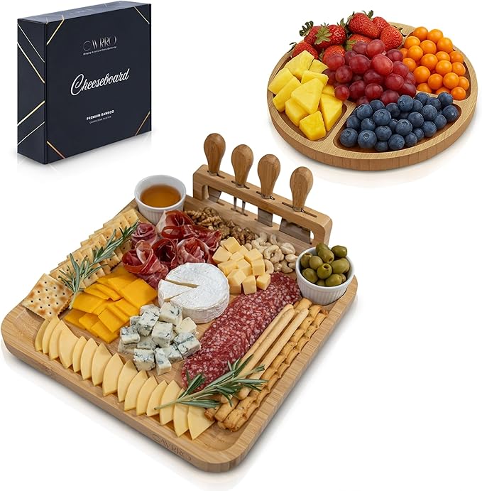 Charcuterie Board Set ??Bamboo Cheese Platter with Knives, Bowls & Round Tray ??Eco-Friendly Gift for Housewarming, Weddings & Parties ??Wood Serving Board for Entertaining