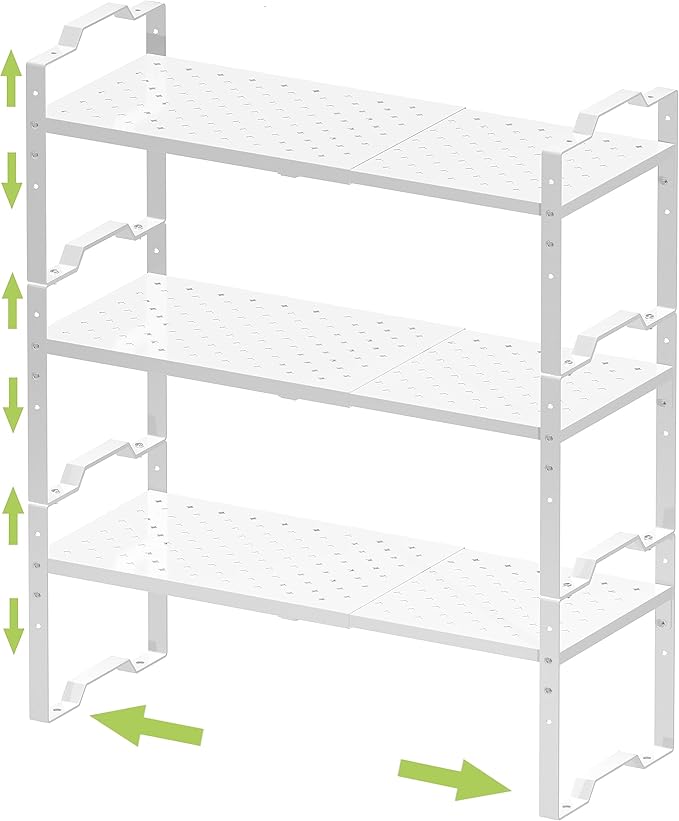Expandable Shelf for Cabinet Organizer Adjustable Stackable Spice Rack at Kitchen and Bathroom More, Counter Countertop Cupboard Organization Pantry Storage(3 Packs/White,Medium)