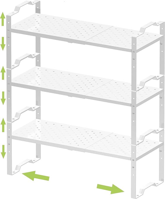 Expandable Shelf for Cabinet Organizer Adjustable Stackable Spice Rack at Kitchen and Bathroom More, Counter Countertop Cupboard Organization Pantry Storage(3 Packs/White, Large)