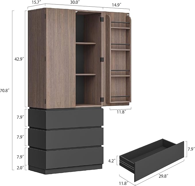 70.8" Kitchen Pantry Cabinet with 3 Drawers Kitchen Storage Food Pantry with 3-Tier Cabinet & Door-Mounted Shelves Hidden Handle Magnetic Closure Freestanding Storage for Dining Room Office