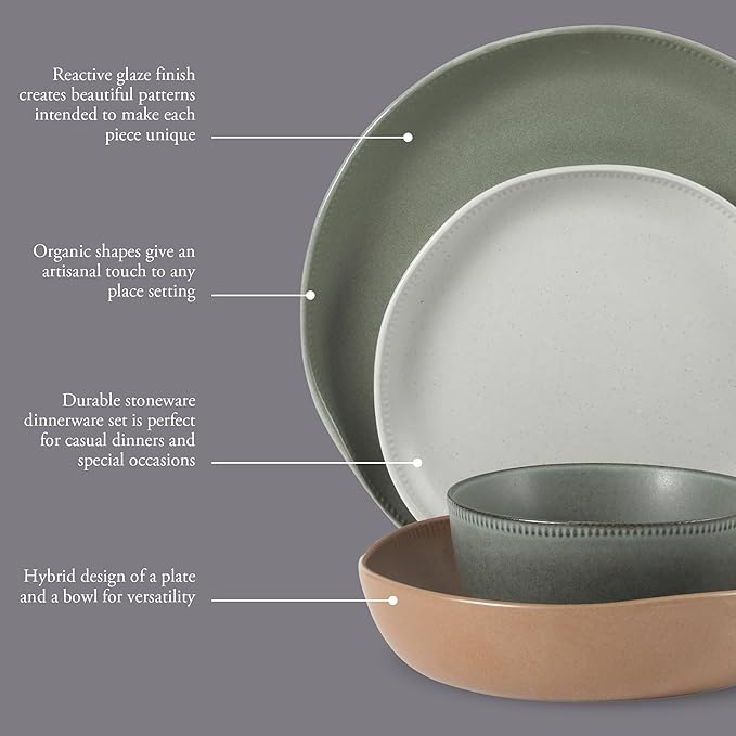 Gibson Elite Menlo Park 16-Piece Pottery Clay Stoneware Dinnerware Set ??Assorted Color Reactive Glaze, Organic Shape Embossed Plates and Bowls W/Pasta Bowl, Service for 4 Microwave Dishwasher Safe