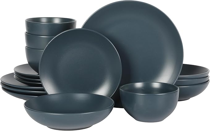 Gibson Home Queenslane 16-Piece Matte Blue Stoneware Dinnerware Set ??Double Bowl Plates and Bowls, Durable Kitchen Dinner Set