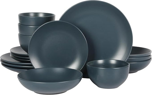Gibson Home Queenslane 16-Piece Matte Blue Stoneware Dinnerware Set ??Double Bowl Plates and Bowls, Durable Kitchen Dinner Set