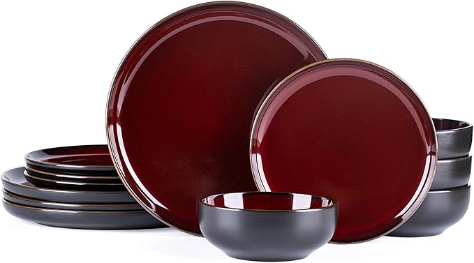 GBHOME Ceramic Dinnerware Sets for 4, 12 Pieces Stoneware Plates and Bowls Sets, Scratch Resistant Dishes, Dishwasher & Microwave Safe, Reactive Glaze-Burgundy