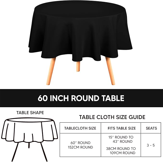 Utopia Kitchen Round Table Cloth 2 Pack(60 Inches, Black), Tablecloth Machine Washable, Polyester Table Cover for Dining, Buffet Parties, Picnics, Events, Weddings and Restaurants
