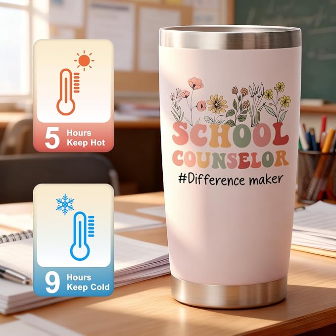 Lifecapido 4Pcs School Counselor Appreciation Gifts, 20oz Counselor Appreciation Insulated Tumbler with Lid & Straw, Makeup Bag, Notebook, Ballpoint Pen, Thank You Gifts for Educator Teacher(Pink)