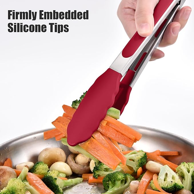 Doosu Kitchen Tongs for Cooking - 600째F Heat Resistant Food Tong Set with Non-Scratch Silicone Tips, Heavy Duty Stainless Steel Locking Tong for BBQ, Grilling Steak, Serving Salad (9+12in, Red)
