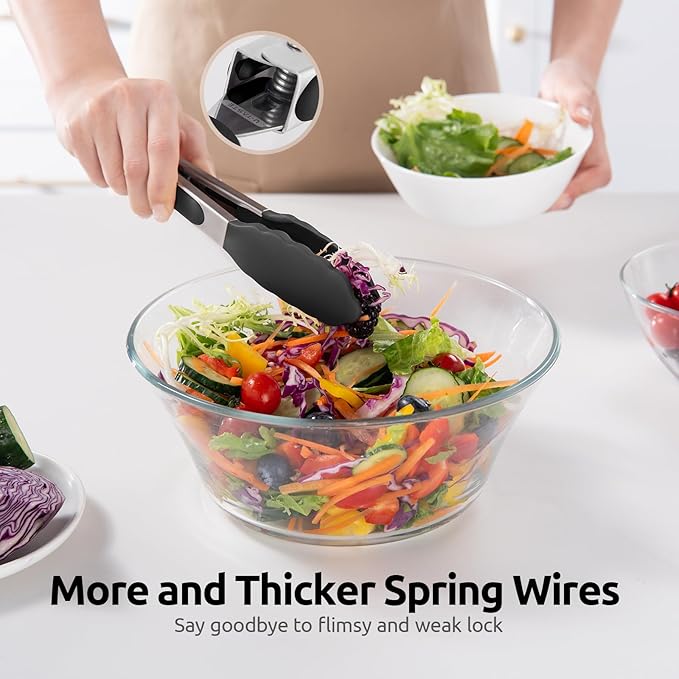 600쨘F Heat Resistant Kitchen Tong: U-Taste 7 inch Silicone Cooking Tong with Firm Sealed Non Stick Rubber Tips & Silicon Coated 18/8 Stainless Steel Handle & Smooth Locking for Serving Salad (Black)