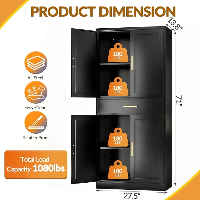 Kitchen Pantry Cabinet,71??Metal Tall Pantry Storage Cabinet with Doors 2 Adjustable Shelves and a Drawer,Kitchen Storage Cabinets Black Freestanding Food Cabinet for Pantries, Kitchen, Dining Room