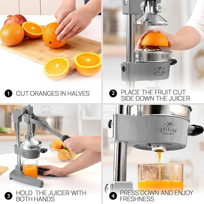 Zulay Kitchen Cast Iron Juicer - Easy-to-Clean Heavy-Duty Manual Juicer, Professional Citrus Juicer - Stainless Steel Lemon Squeezer - Manual Citrus Press & Orange Squeezer - Orange Juicer (Gray)