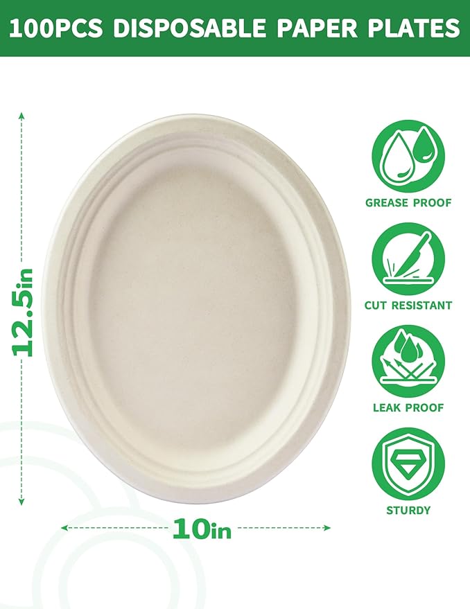 100Pack Compostable Oval Paper Plates Disposable Plates Heavy Duty Eco-Friendly Large Dinner Plates Biodegradable Bagasse Paper Plates for Meals, Parties, Birthday, Christmas