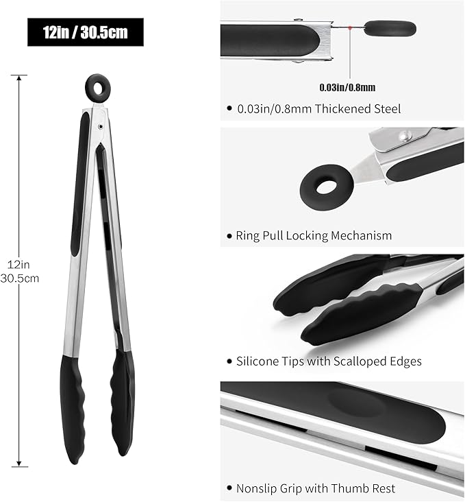 Doosu Kitchen Tongs for Cooking - 600째F Heat Resistant Food Tong with Non-Scratch Silicone Tips, Heavy Duty Stainless Steel Locking Tong for BBQ, Grilling Steak, Serving Salad, Pasta (12in, Black)