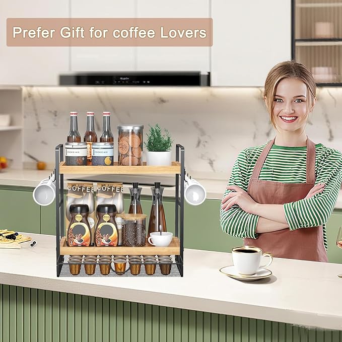 LEMIKKLE 2-Tier Wood Coffee Station Organizer with Pod Holder and Drawer, Kitchen Countertop Organizer, Coffee Bar Accessories Station with Coffee Pod Storage, Coffee Organizer