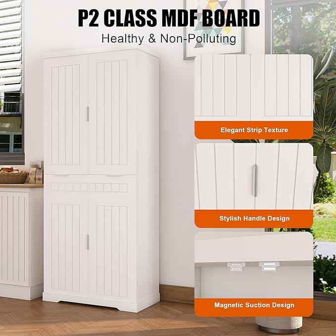 72" Tall Kitchen Pantry Cabinet with Drawer & Adjustable Shelves,Farmhouse Versatile Modern Compact Pantry Storage Cabinet w/12 Door Shelves,Anti-Tip Safety Design for Small Kitchen,Dining Room