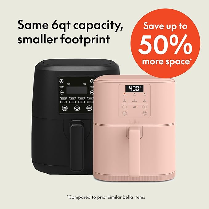 bella 6 Qt Slim Air Fryer, Fits-anywhere??Kitchenware, EverGood??Ceramic Nonstick Coating, Adjustable Temperature, 6 Preset Cooking Options, 60 Min Auto Shutoff w Audible Tone, 5lb Capacity, Blossom