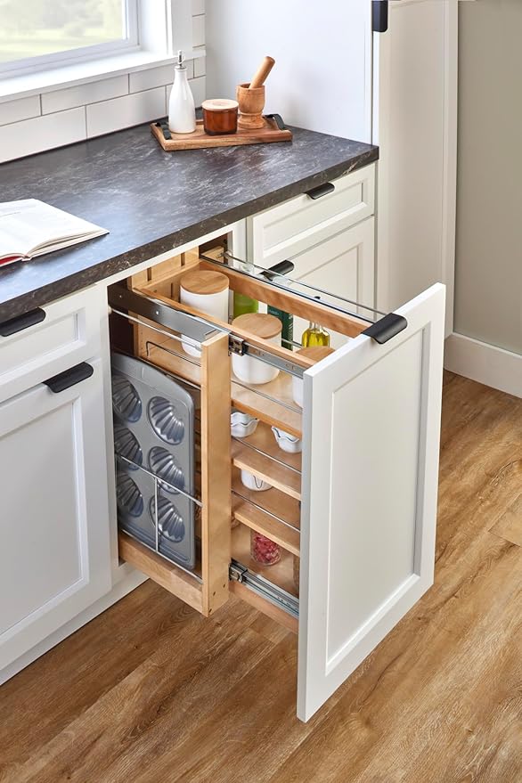 Rev-A-Shelf 8" Pullout Storage Organizer for Base Kitchen/Bathroom Cabinets with Soft-Close Full Extension Slides and Adjustable Shelves, 448-BCSC-8C
