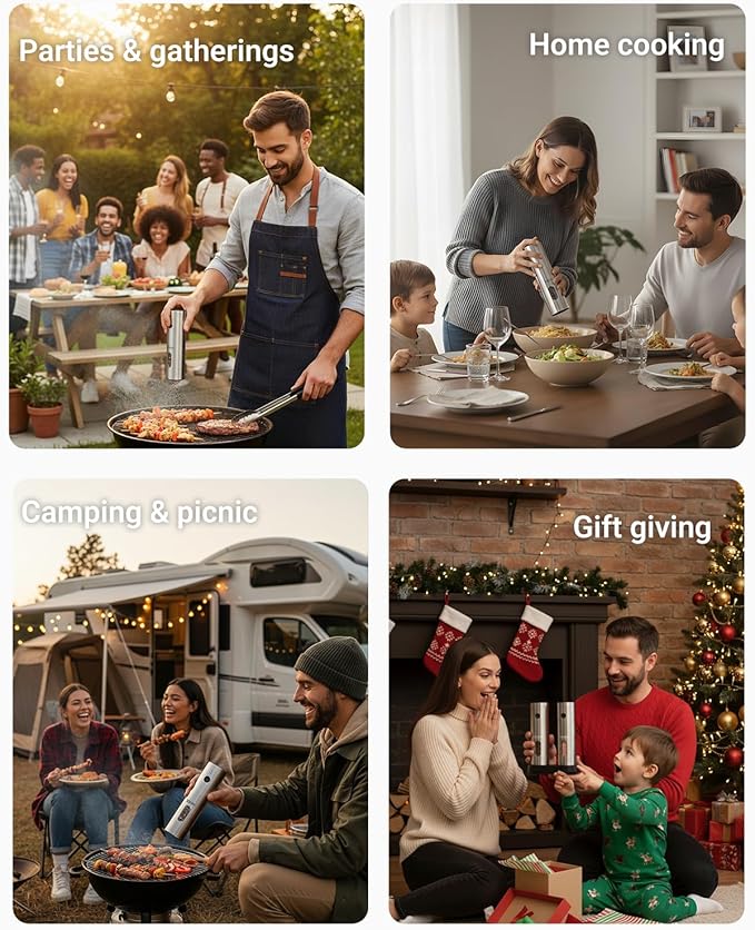 Electric Salt and Pepper Grinder Set with USB-C Rechargeable Base, Large Capacity Stainless Steel Mills with Durable Ceramic Burr, Adjustable Coarseness, LED Light, Refillable, for Kitchen BBQ