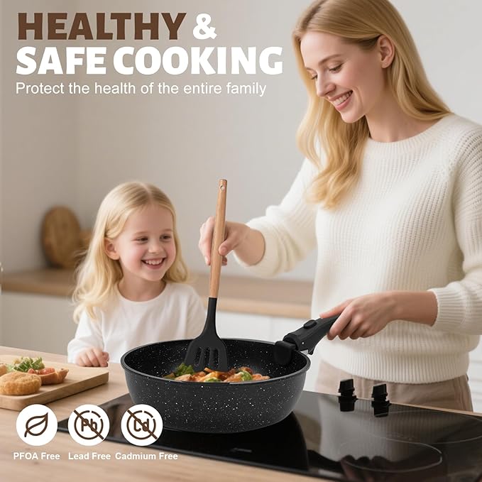 Numola 10 pcs Pots and Pan Set Non Stick with Detachable Handle, Ceramic Cookware Set for Stackable, Induction Kitchen Cookware Set for RV, Dishwasher 竊?Oven Safe, Black