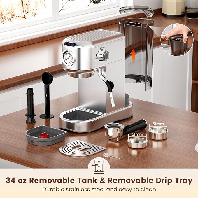 Espresso Machine 20 Bar, Compact Espresso Maker, Stainless Steel Professional Expresso Coffee Machines with Steam Milk Frother & 34oz Removable Water Tank for Home & Office, Latte, Cappuccino, Silver