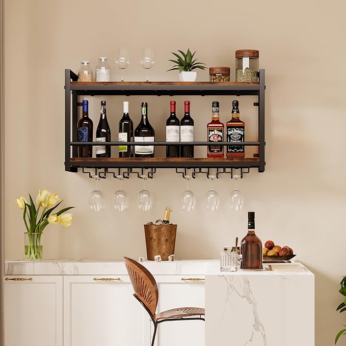 Homeiju Wall Mounted Wine Rack, Bottle & Glass Holder Wood-Metal Retro Wine Rack, Wine Bottles Display Wall Storage for Kitchen Dining Room Home Bar
