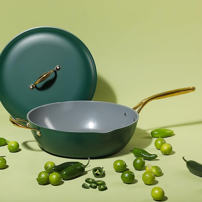 Frok 13" Frying Pan Wok Skillet 4MM Thick Quick Heat Aluminum Cookware w/Aluminum Lid Premium PFA Free Ceramic Nonstick Interior & Heat Resistant Exterior - Induction - Green & Gold