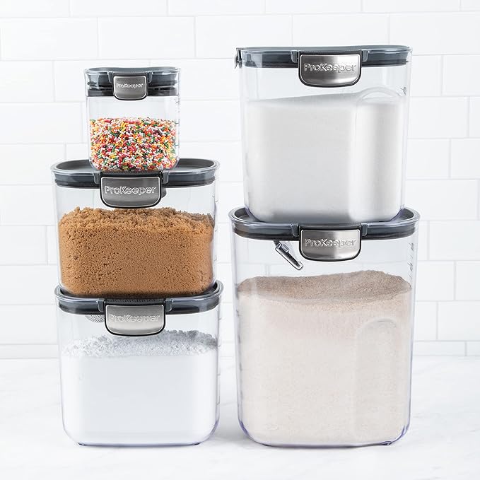 ProKeeper+ Airtight Food Storage Container Set ??Clear Plastic Flour and Sugar Canister Set with Magnetic Accessories for Kitchen Organization (Grey, 9-Piece)