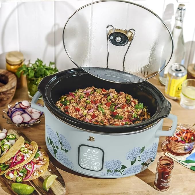 Beautiful 6 Quart Programmable Slow Cooker by Drew Barrymore ??Large Capacity, Ceramic Removable Pot, Tempered Glass Lid, Dishwasher Safe, Auto Keep Warm (Hydrangea Floral)