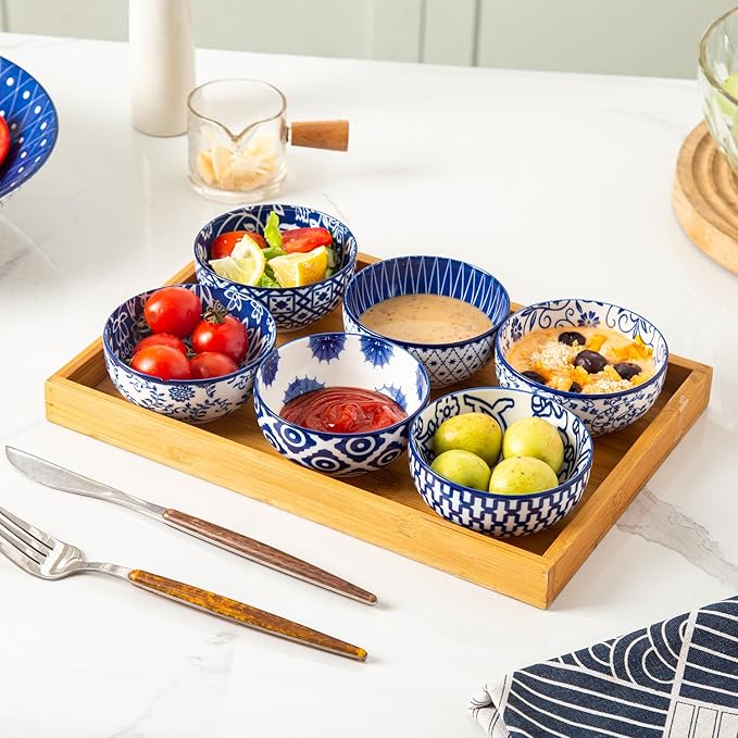 Cerkik Ceramic Dipping Bowls Set - Mini 4 Oz Dessert Bowls - Small 3.5 Inch Porcelain Bowls for Side Dishes, Snack, Yogurt, Appetizer - Microwave Dishwasher Safe - Set of 6 - Vintage Blue