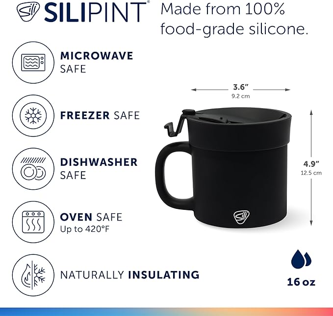 Silipint 16oz Silicone Coffee Mug Tumbler with Flip Lid ??Unbreakable Dishwasher Safe Microwave Oven & Freezer Compatible ??Non-Toxic Reusable Cup for Coffee Tea or Cold Drinks (Classic Black)