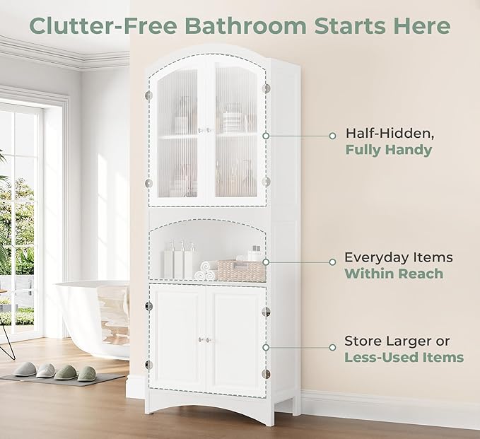 Kitchen Pantry Cabinet, Upgraded All Painted Tall Bathroom Cabinet, Modern White Kitchen Hutch W/Microwave Stand & Fluted Glass Doors, White Wooden Storage Cabinet for Living Dining Room