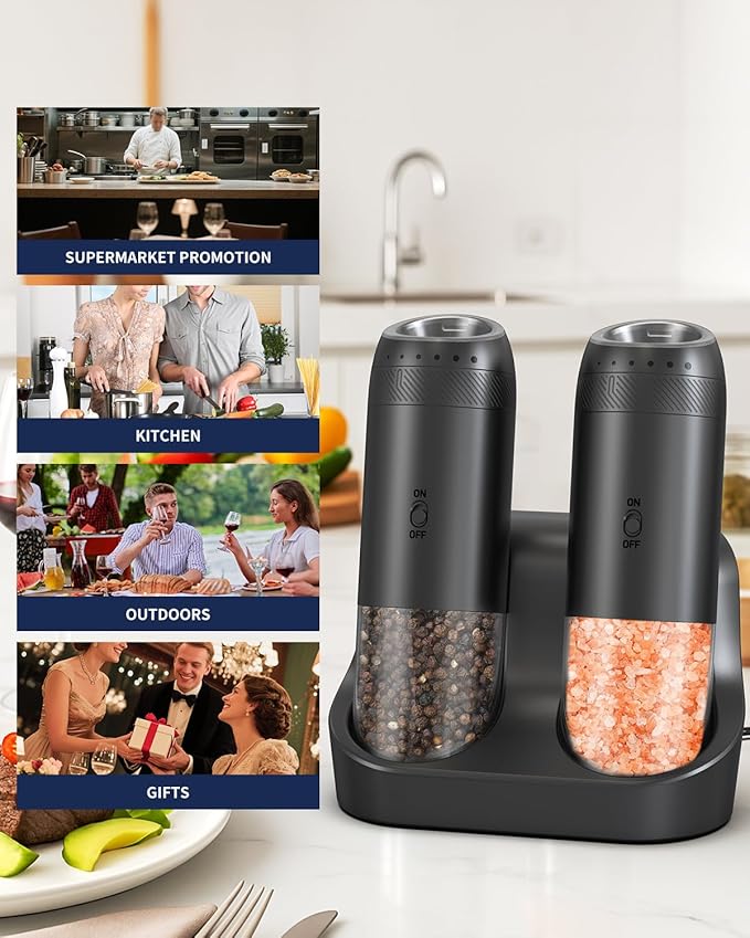 CIRCLE JOY Gravity Sensor Salt and Pepper Grinder Set with Rechargeable Base, Electric Salt and Pepper Grinder Set with External Adjustment, 176ml Capacity and One-handed Operation, Black