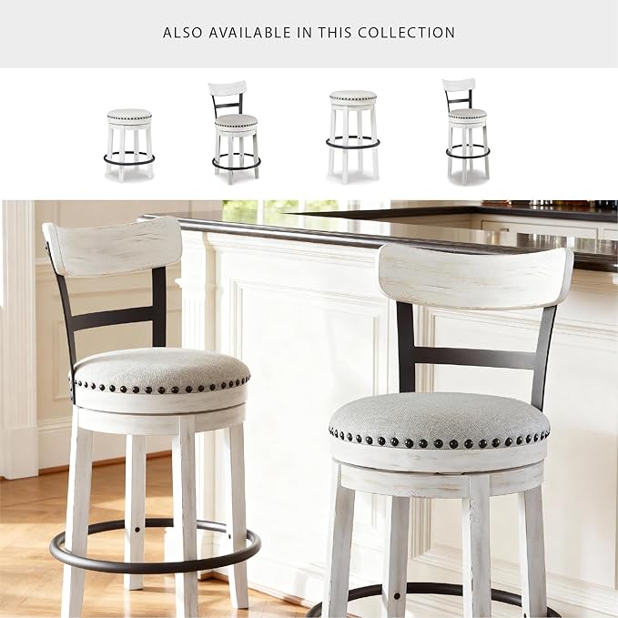 Signature Design by Ashley Valebeck | Modern Swivel 24.5" Counter Height Barstool ??Rustic-Industrial Whitewash, Upholstered Cushion, 360째 Swivel, Nailhead Trim
