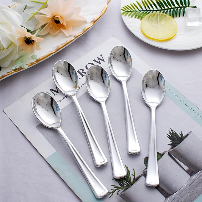 WDF 100 Pack Silver Plastic Spoons Disposable - 6.9 Inch Silver Spoons Heavy Duty Plastic Spoons, Modern Silver Disposable Spoons Perfect for Party Wedding Valentine's Day