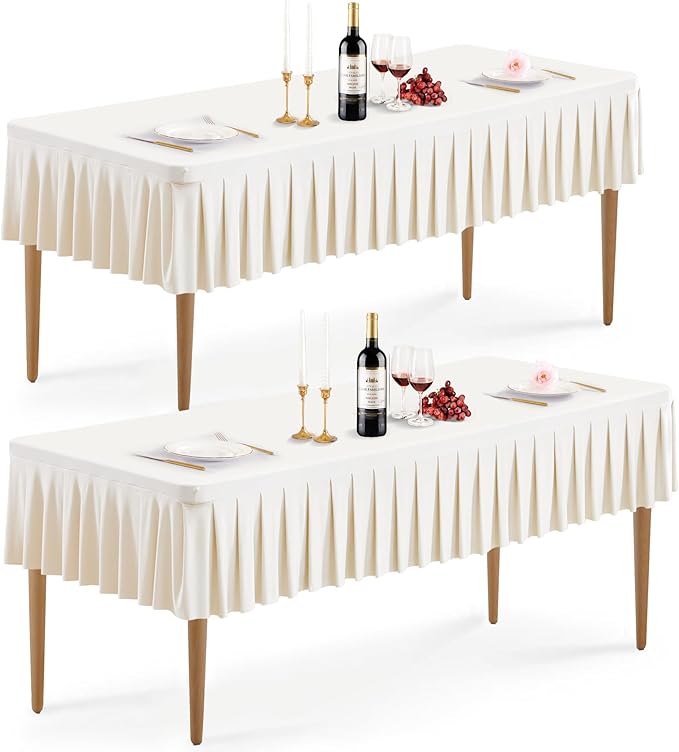 Wish Care 2 Pack Ivory Spandex Tablecloth for 8 Foot Rectangle Tables Wrinkle Free Ruffle Table Cloth Stretch Fitted Table Cover Skirt for Wedding Birthday Parties Banquet Dining Outdoor Tablecloth