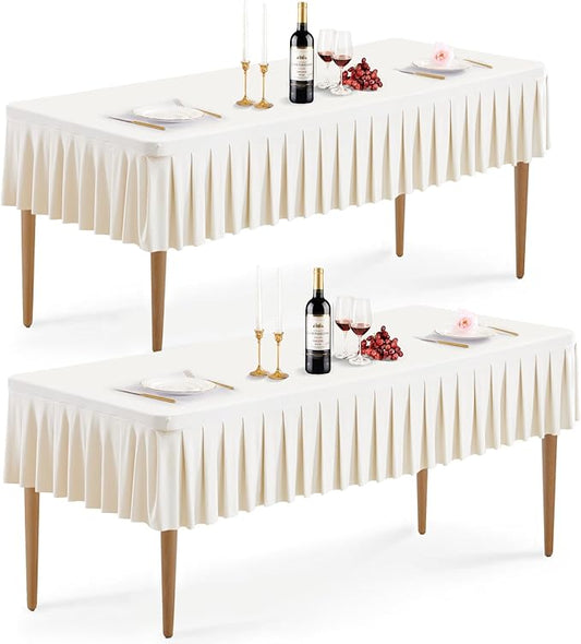 Wish Care 2 Pack Ivory Spandex Tablecloth for 8 Foot Rectangle Tables Wrinkle Free Ruffle Table Cloth Stretch Fitted Table Cover Skirt for Wedding Birthday Parties Banquet Dining Outdoor Tablecloth