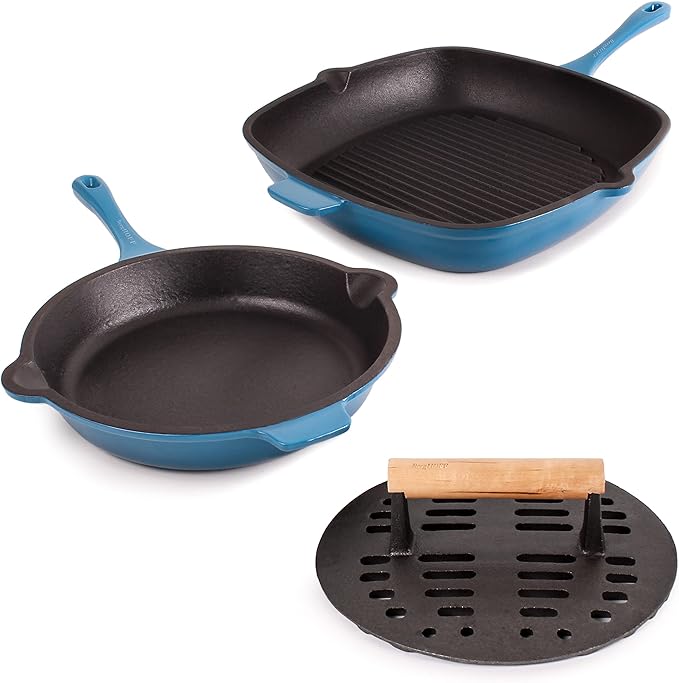 BergHOFF Neo 3Pc Enameled Cast Iron Cookware Set, Fry Pan 10 inches, Grill Pan 11 inches, Slotted Steak Press, Fast, Evenly Heat, Oven safe (Blue)